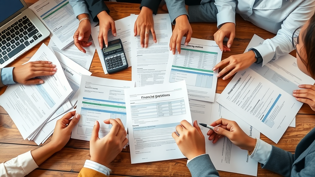 Organized assortment of financing documents, hands comparing lending options for contractors