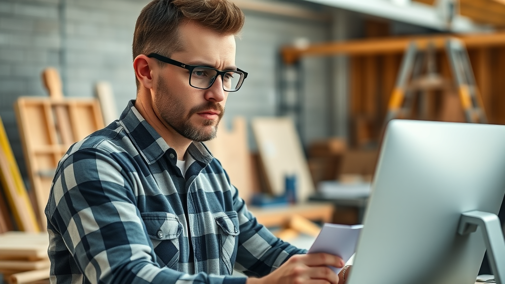 Contractor working on computer, analyzing alternative financing options onsite