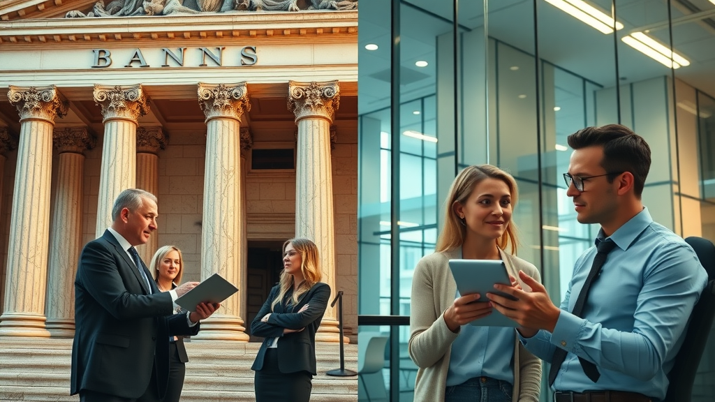 Side by side image showing the contrast between traditional banks and alternative financing expert insights fintech offices