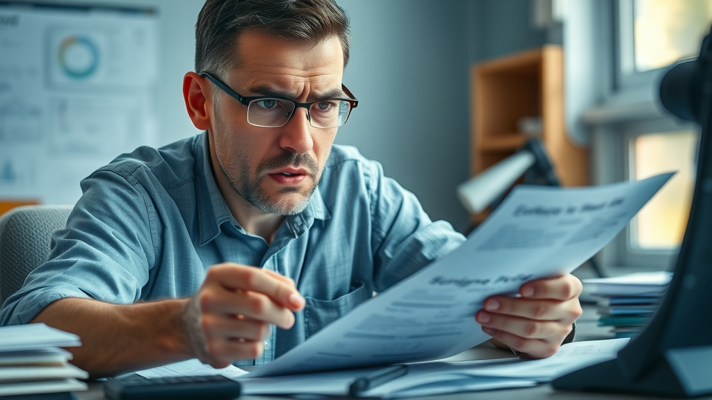 Frustrated contractor struggling with bookkeeping mistakes while managing financing