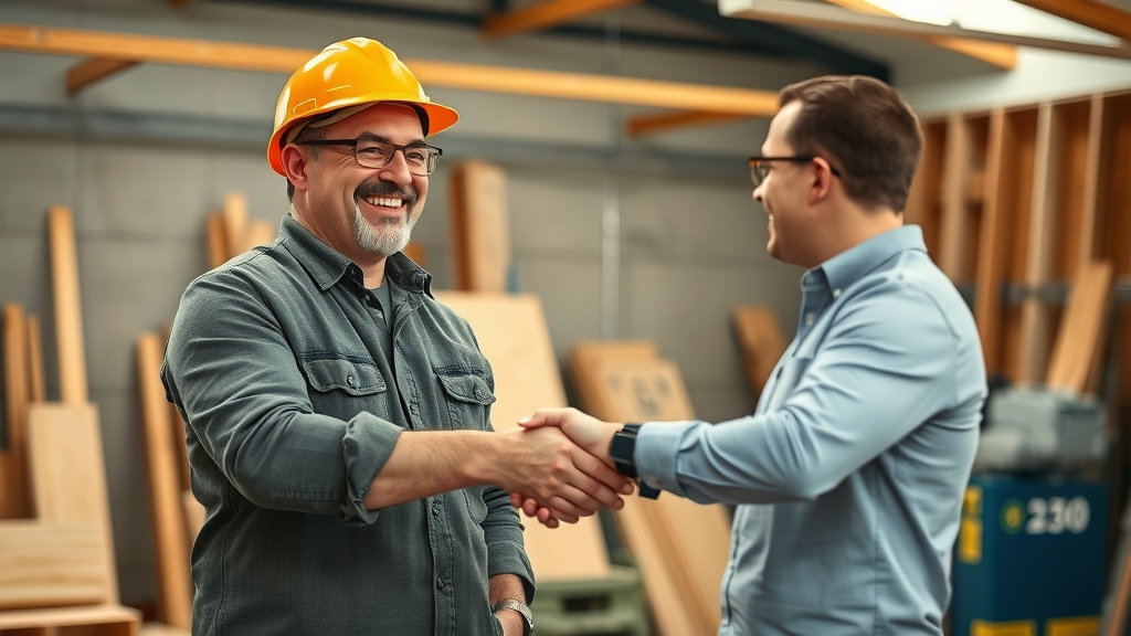 Confident contractor receiving alternative financing expert insights and financing approval in workshop setting