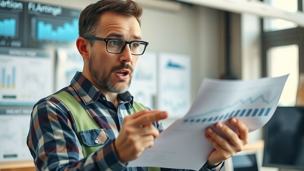 Astonished contractor reviewing alternative financing data, financial charts in office